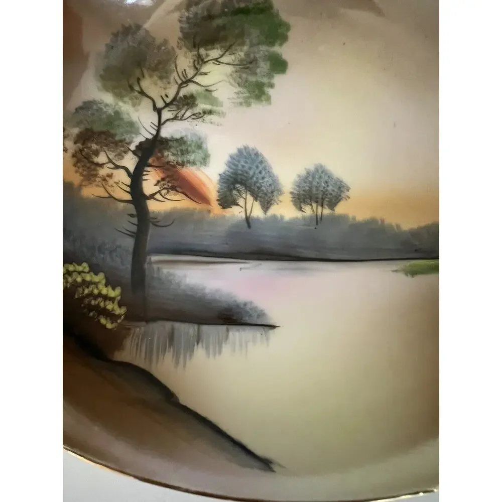 Noritake Vintage Bowl Handpainted Made in Japan Landscape Trees Water Green
